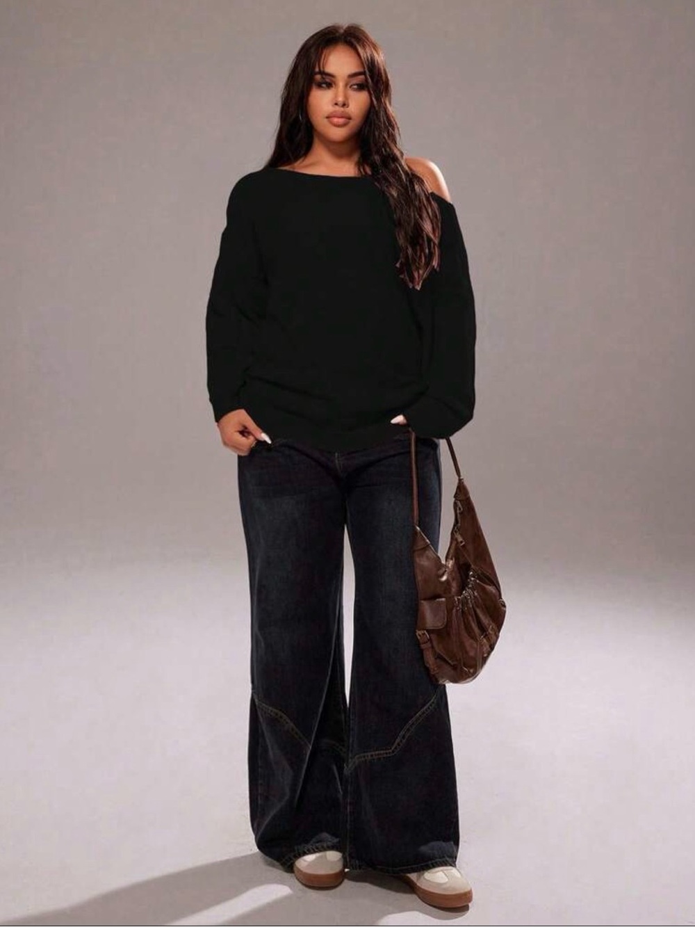 Fisoew Off-Shoulder Oversized Sleeves Black Women’s Top New Size L